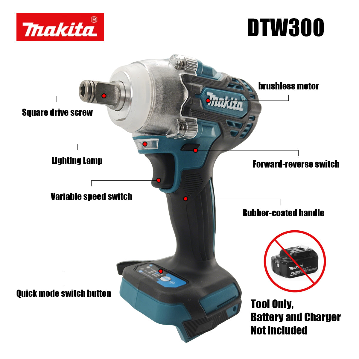 Makita DTW300 18V Brushless Impact Wrench | 330N·m 1/2" Heavy Duty Cordless Tool (Bare Tool)