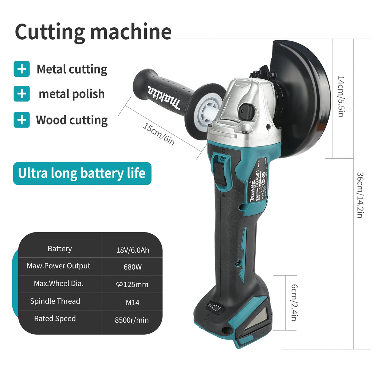 Makita 18V Cordless Angle Grinder & Cutting Machine | 680W Heavy Duty Tool with 6.0Ah Battery