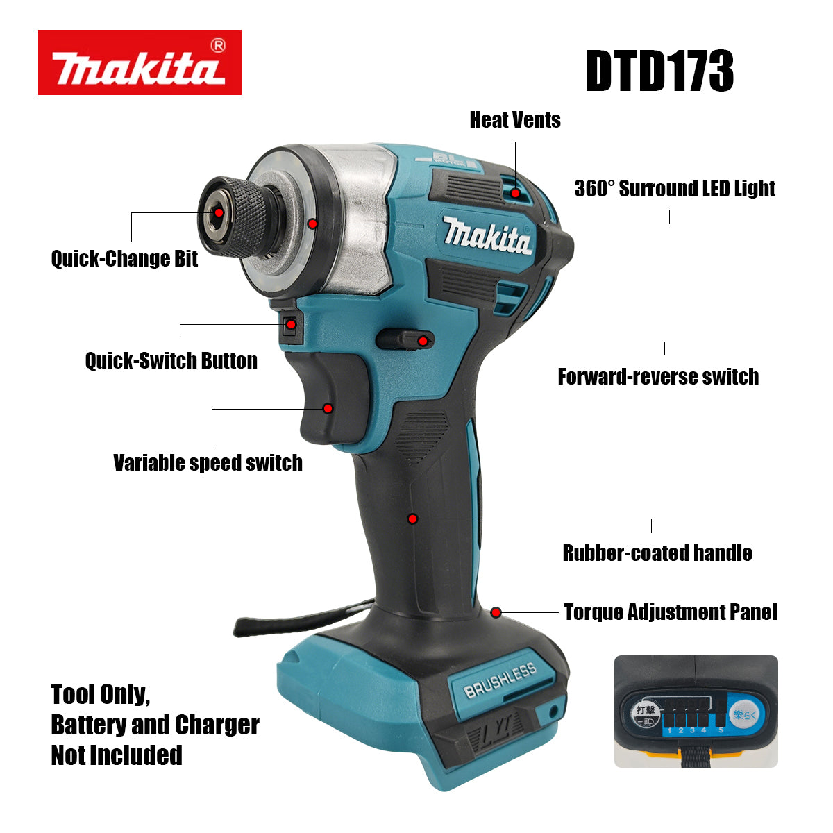 Makita DTD173 18V Brushless Impact Driver | 180Nm High Torque Cordless Tool (Bare Tool)